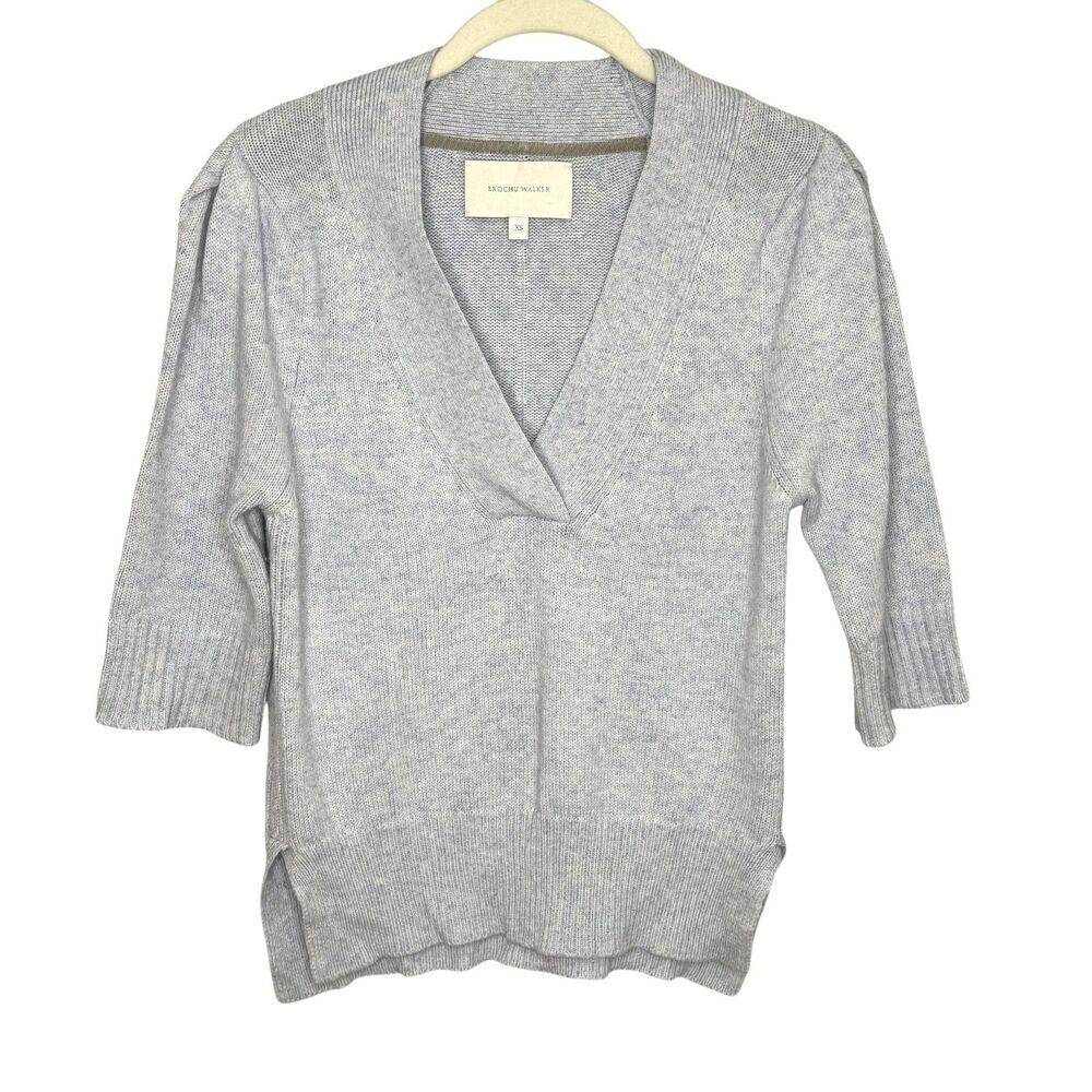 Brochu Walker Sweater XS Gray Blue Cotton Cashmere V Neck Pullover 3/4 Sleeve